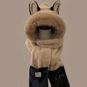 Women's Tan Furry Hooded Scarf